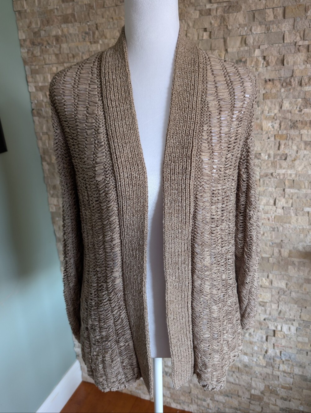 Chicos Woven Open Knit Cardigan Neutral Beige Coastal Sz M Granola Cottage Tan